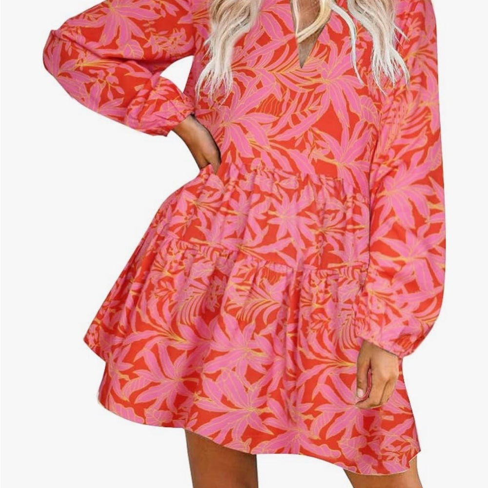 Floral Pink Orange Dress with Pockets